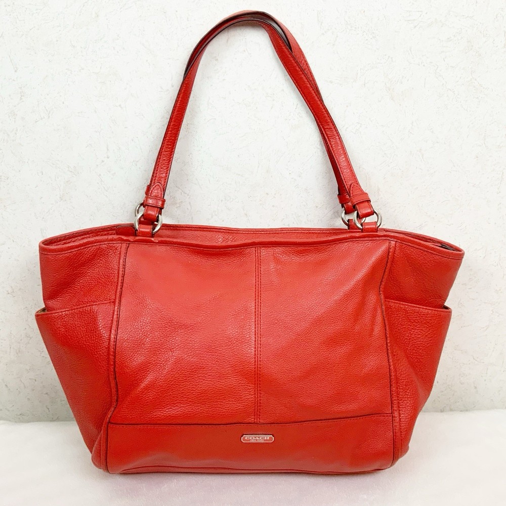 Coach Park Carrie Large Pebbled Leather Shoulder Tote Bag Coral Red