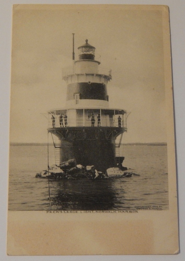 Peck's Ledge Light lighthouse Norwalk Harbor Connecticut postcard vintage