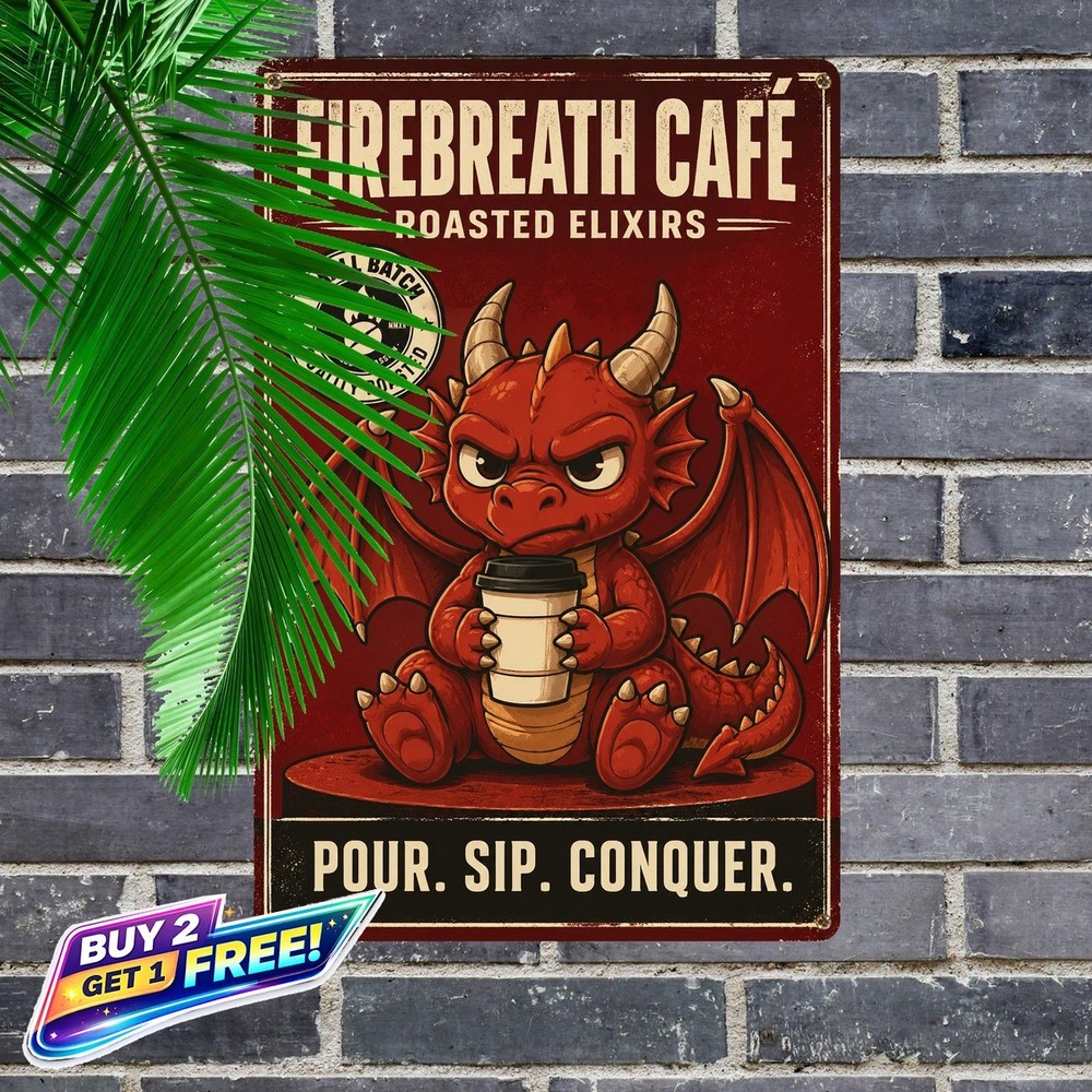 Grumpy Dragon Vintage Tin Sign 8x12 Mythical Creature Metal Wall Decor