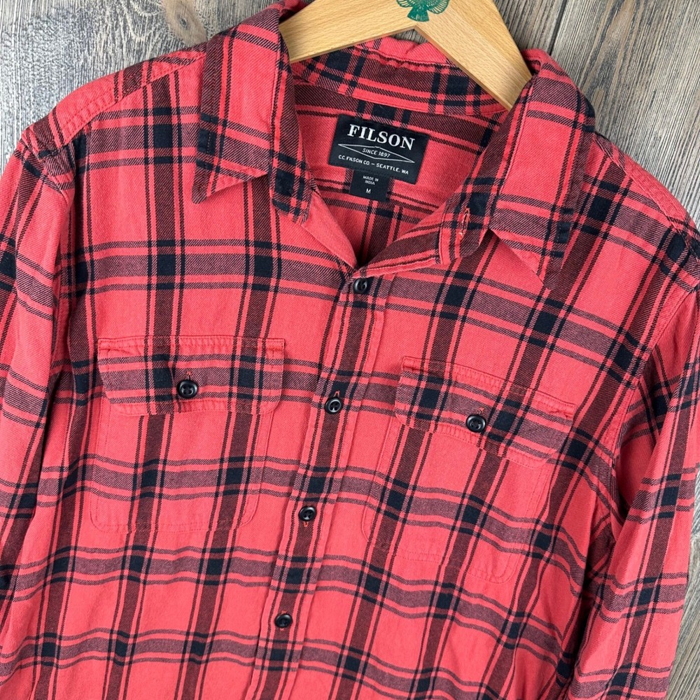 Filson Scout Shirt Mens Medium Red Black Plaid Cotton Twill Button Up