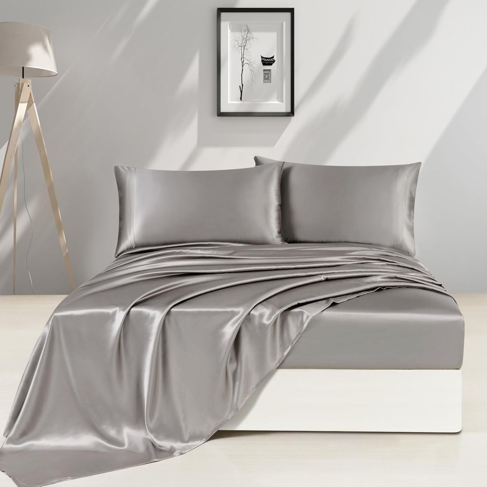 Elegant 4-Piece Dark Grey Queen Mulberry Silk Sheet Set - Temperature Control