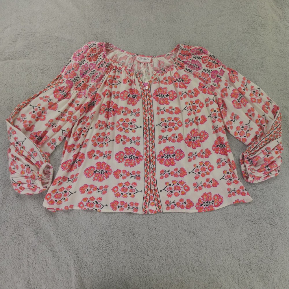 Omika Womens Medium White Pink Floral Blouse Truro Hibiscus Design