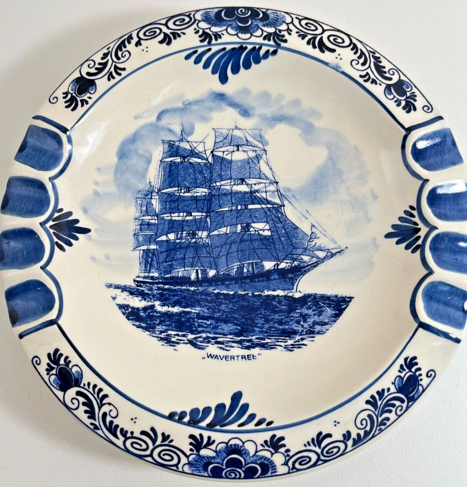 Delfts Blue Tall Ship Hand Painted Ceramic Plate ~ Holland Wall Hanging Ashtray