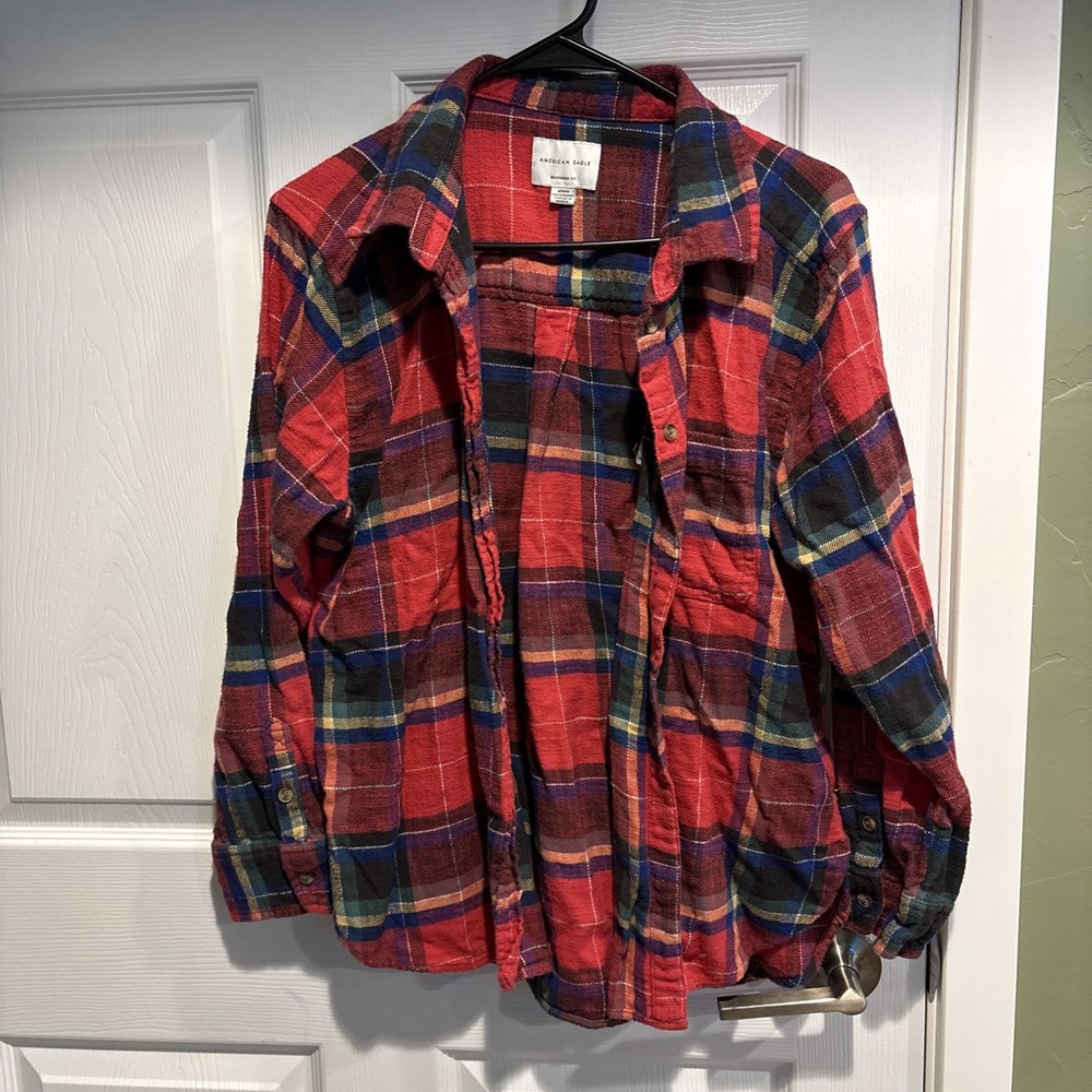 American Eagle Flannel Shirt Womens Size M Boyfriend Fit Button Red Plaid