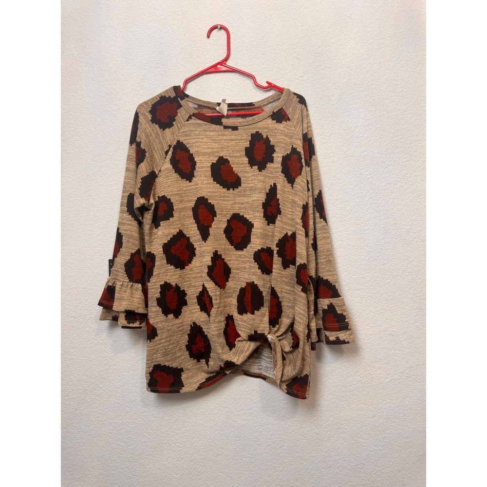 Now N Forever Women's Leopard Print Tie Front Ruffle Cuff Long Sleeve Top