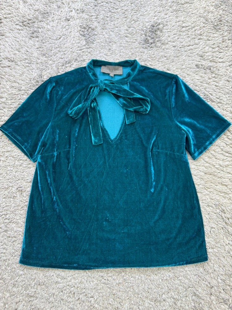 Anthropologie Sunday In Brooklyn Top Women XS Teal Velvet Burnout Tie Neck Shirt