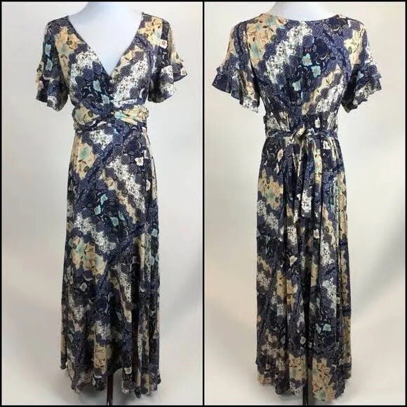 Abel the Label Anthropologie Gandhi Floral Maxi Dress Size M Boho Flutter Sleeve