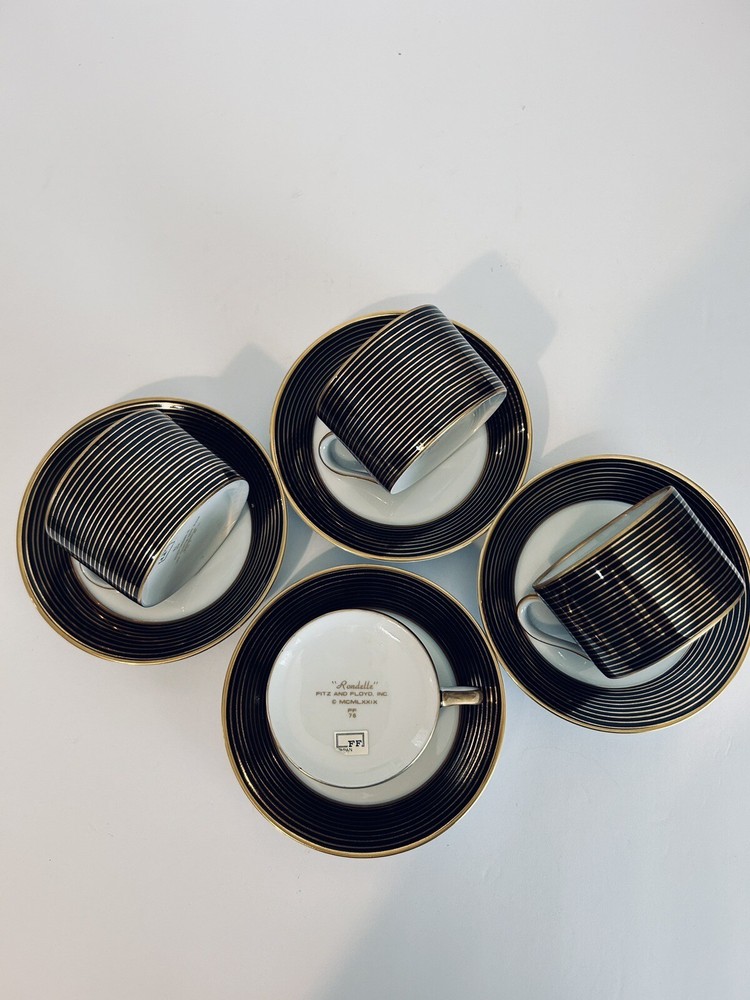 Vintage Art Decor Fitz and Floyd Rondelle Porcelain Tea Cup & Saucer Set (4)