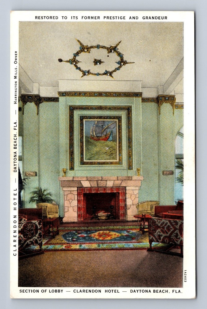 Daytona Beach FL-Florida Lobby Clarendon Hotel Vintage Postcard