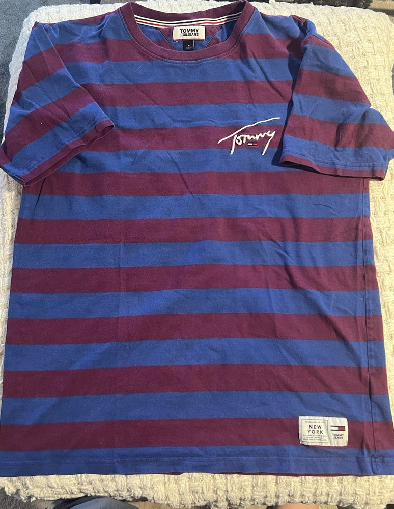 Tommy Jeans Men's M Striped Logo Crew Neck Short Sleeve T-Shirt Blue/Burgundy