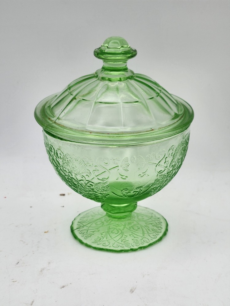 Green depression glass candy dish Sharon Rose Cabbage design