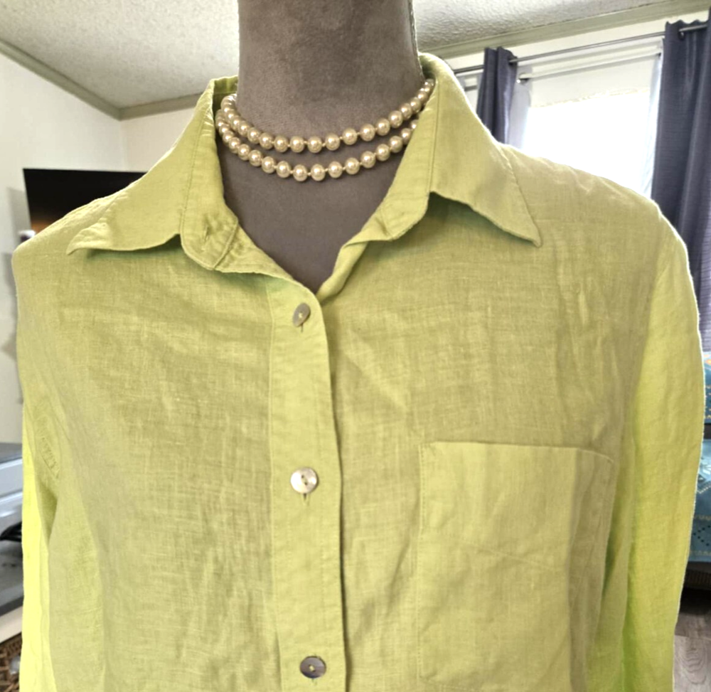 David N. Women’s  100% Linen Button Up 3/4 Sleeves Collard V-Neck Shirt L A 383