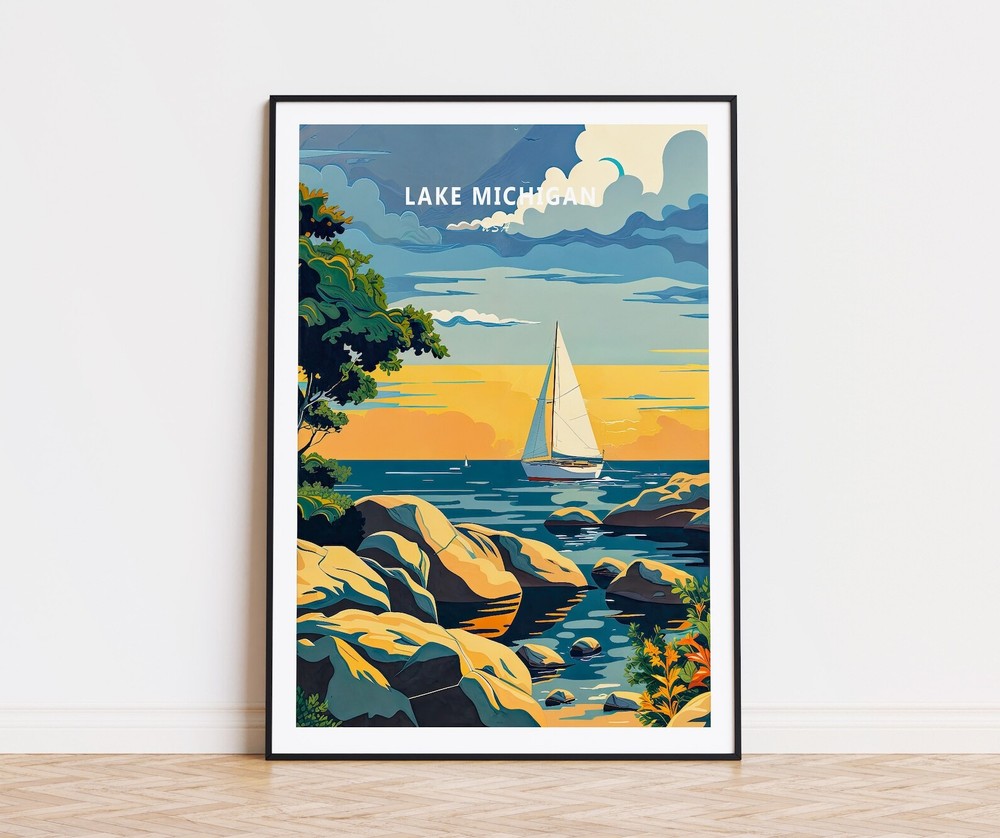 Lake Michigan Usa Sunset Poster Usa Wall Art Decor Lake Michigan Custom Travel