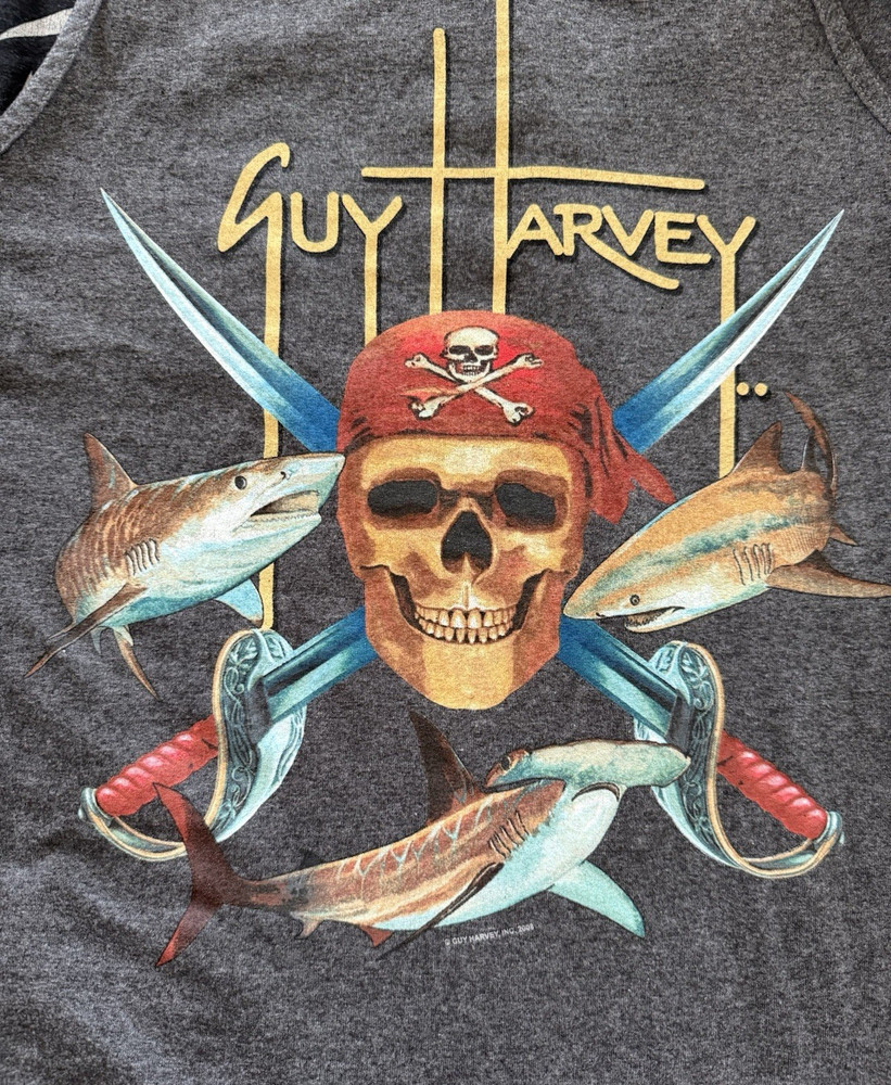 Guy Harvey Original Pirate Skull Fish Graphic Sleeveless Gray T-Shirt 2XL
