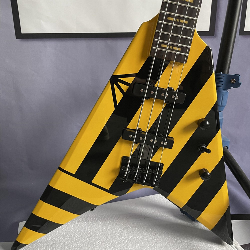 Yellow 4 String Electric Bass Guitar Solid Basswood Body Maple Body Black Part