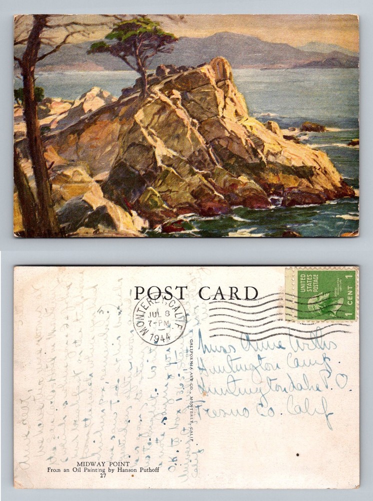 Monterey, CA-California, Midway Point Coastal Ocean Rocks Vintage c1944 Postcard