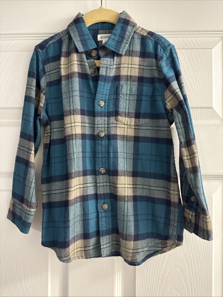 Gymboree Flannel Shirt BOYS Xs (4) Blue Green Plaid Button Up Long Sleeve