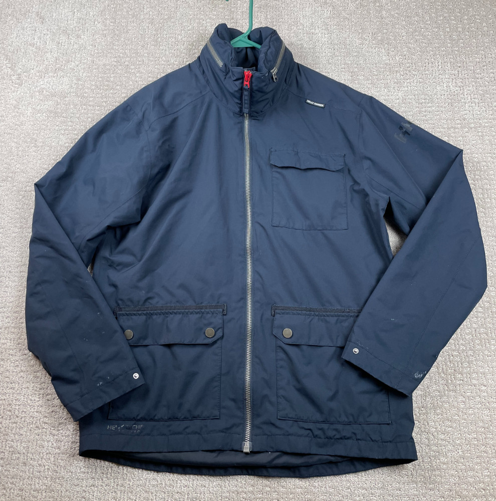 Helly Hansen Jacket Mens L Highlands Blue Full Zip Utility Stow Hood Tech Rain