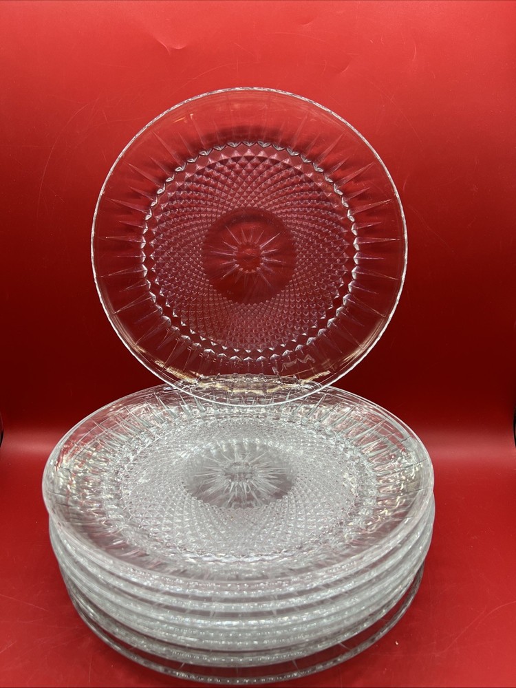 Set of 10 Arcoroc Luminarc Diamond Point Clear Glass 10” dinner  Plates, USA