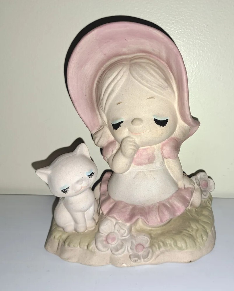 Vintage UCTCI 70s Japan Bisque Girl W/Cat Figurine