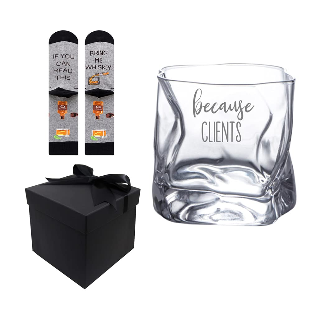 Christmas Gifts for Dad, Because Clients Funny Etched Whiskey Glass Tumbler for