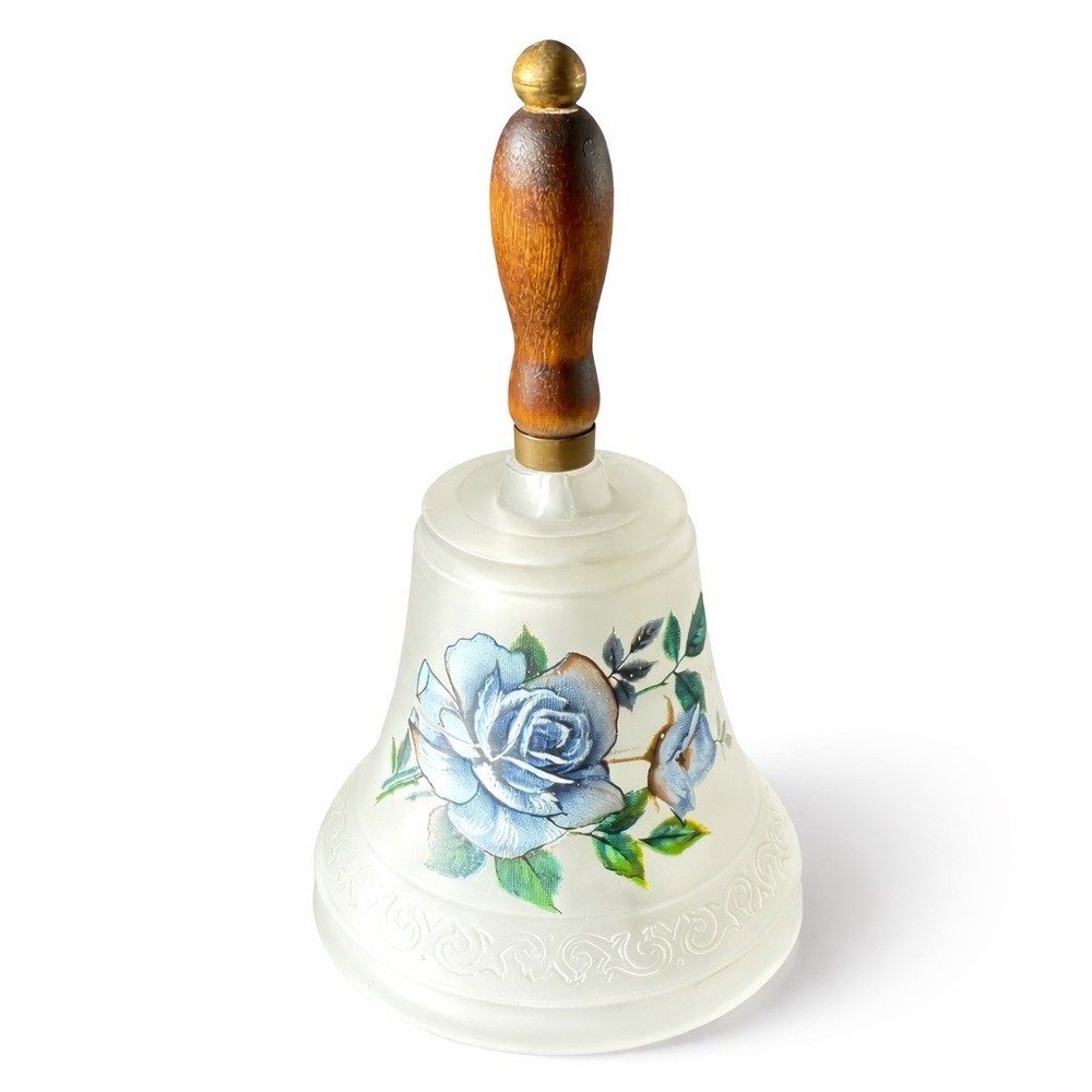 Vintage Frosted Glass Bell, Blue Rose with a Wood Handle