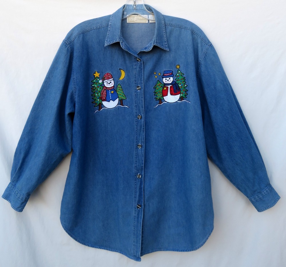 Snowman Christmas Tree Embroidered Denim Long Sleeved Shirt Womens sz Large