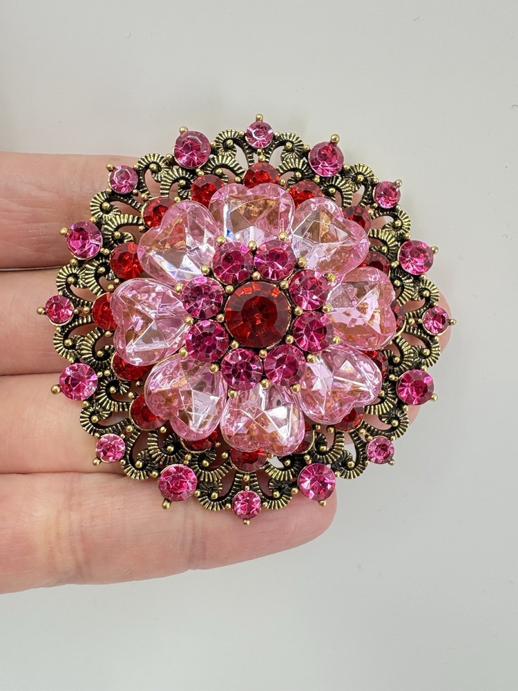 Vintage Inspired Pink Crystal Floral Brooch Heart  Pin Gold Tone Jewelry
