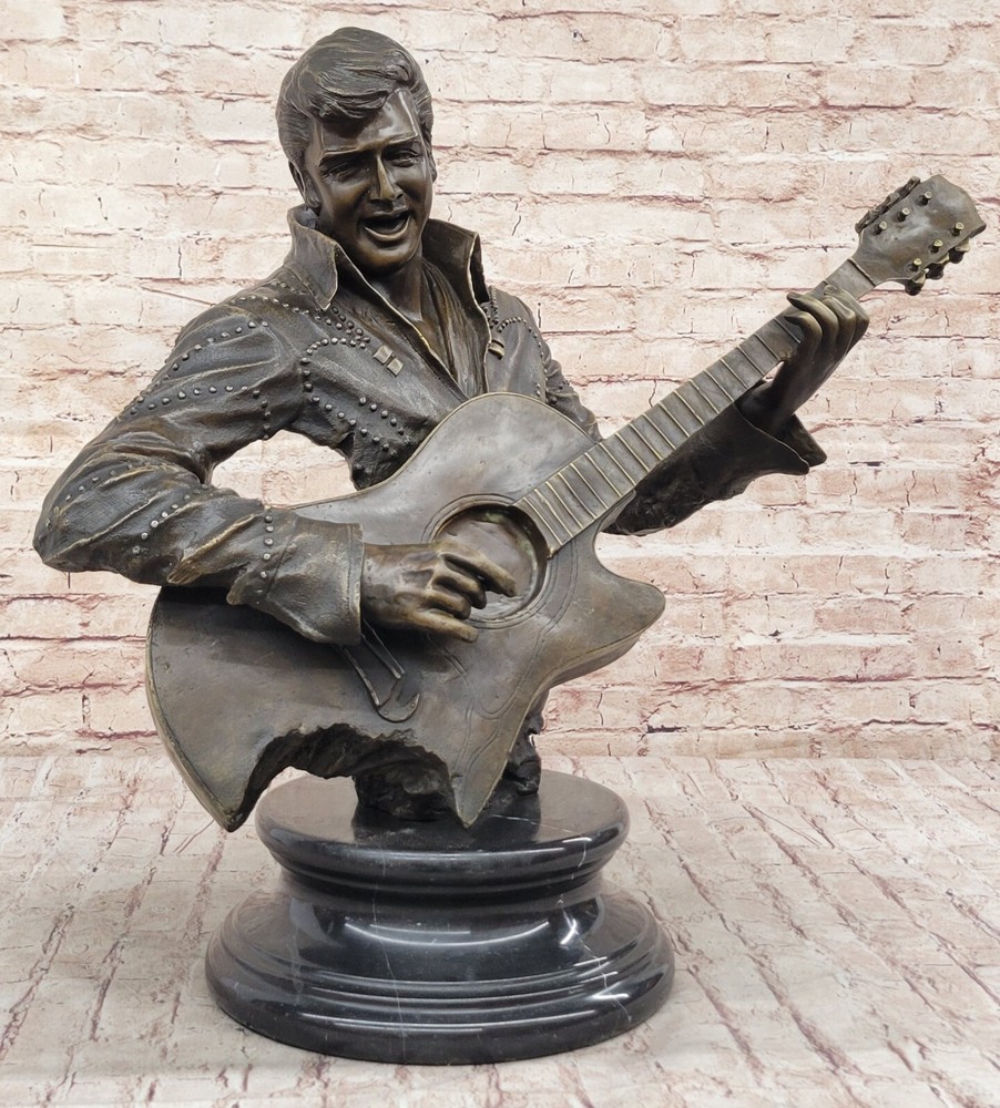 Abstract Art Sculpture Copper Real Bronze Marble Singer  Guitar Statue Figurine-image