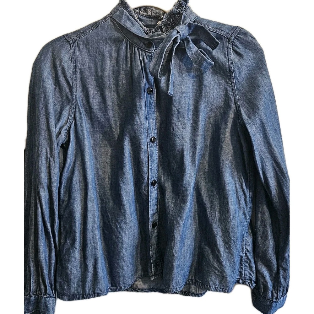 Gap Women's Long Sleeve Denim Button Up Long Sleeve Ruffle Neck Tie SP