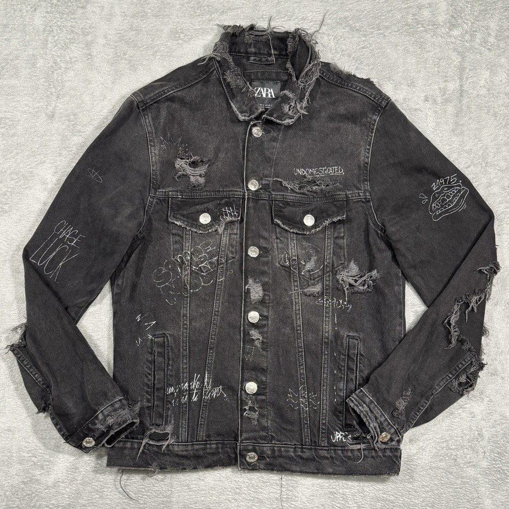 ZARA Black Distressed Denim Jacket Mens S Grunge Punk Streetwear Archive Art Alt