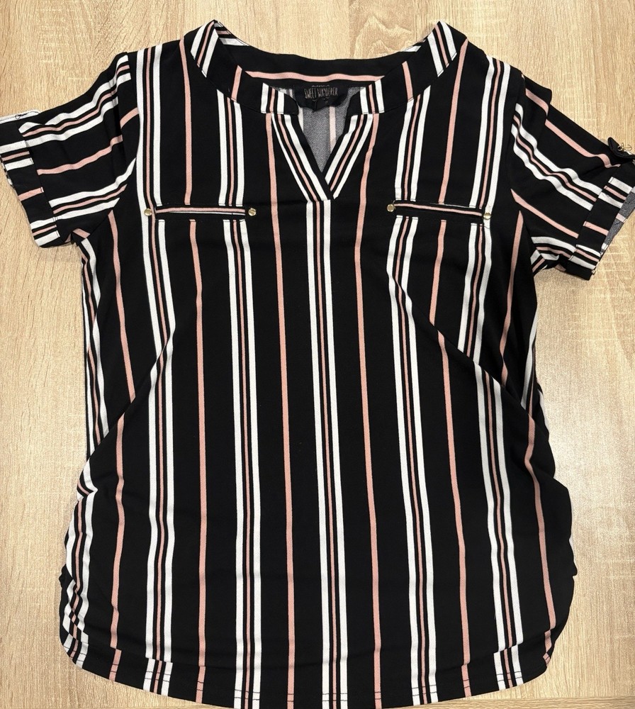 Sweet Wanderer Maternity Top Size M Pink Black White Striped Short Sleeve Blouse