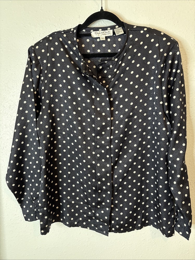 Vinatge Oscar de la renta Expressions Polka Dot Blouse Size 12, Navy #679