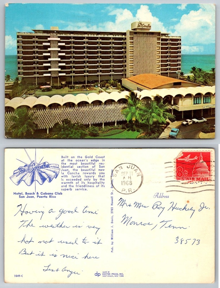La Concha Hotel San Juan Puerto Rico 1968 Vintage Postcard Ocean Beach