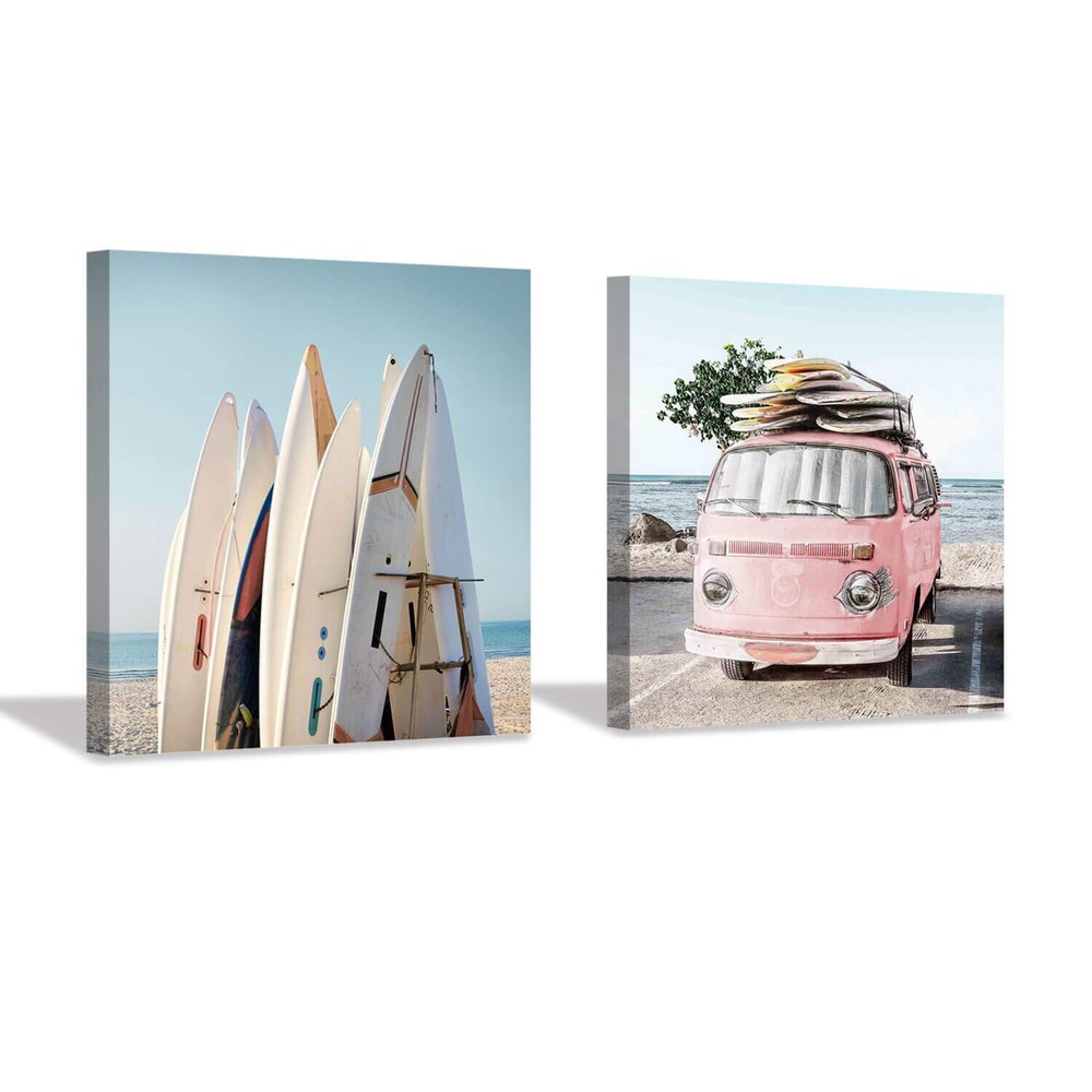 Beach Picture Coastal Art Painting: Surfboard & Pink Car Ocean Wall Art on Ca...