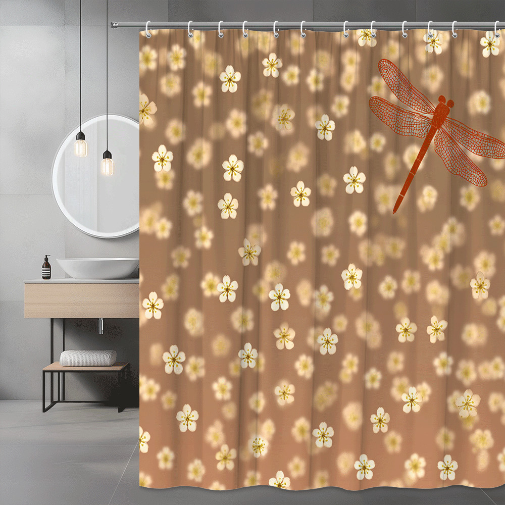 Dragonfly Floral Shower Curtain Brown Background Print