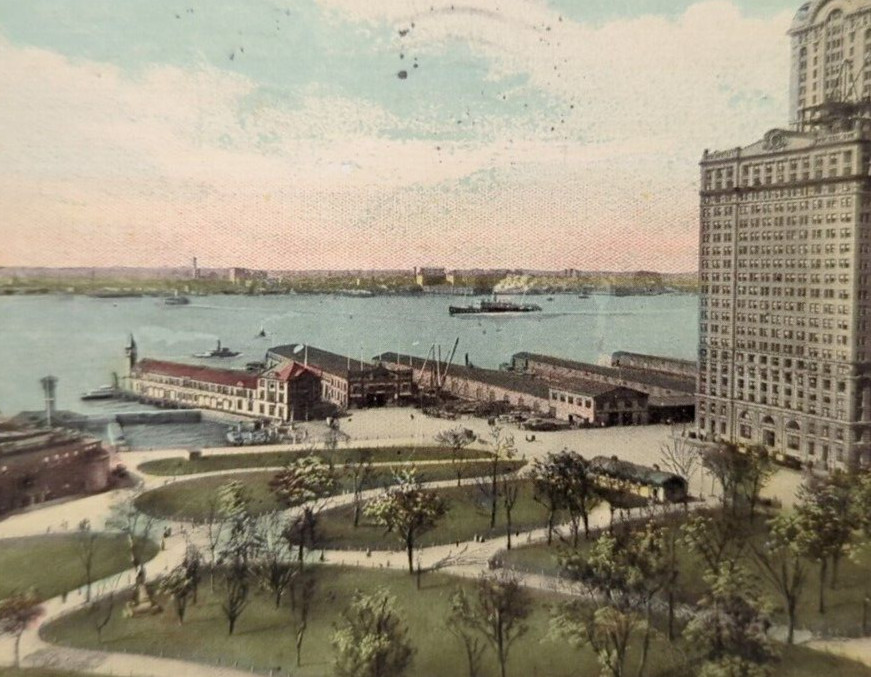 Battery Park & New Whitehall Building New York City NY Antique Postcard 1913