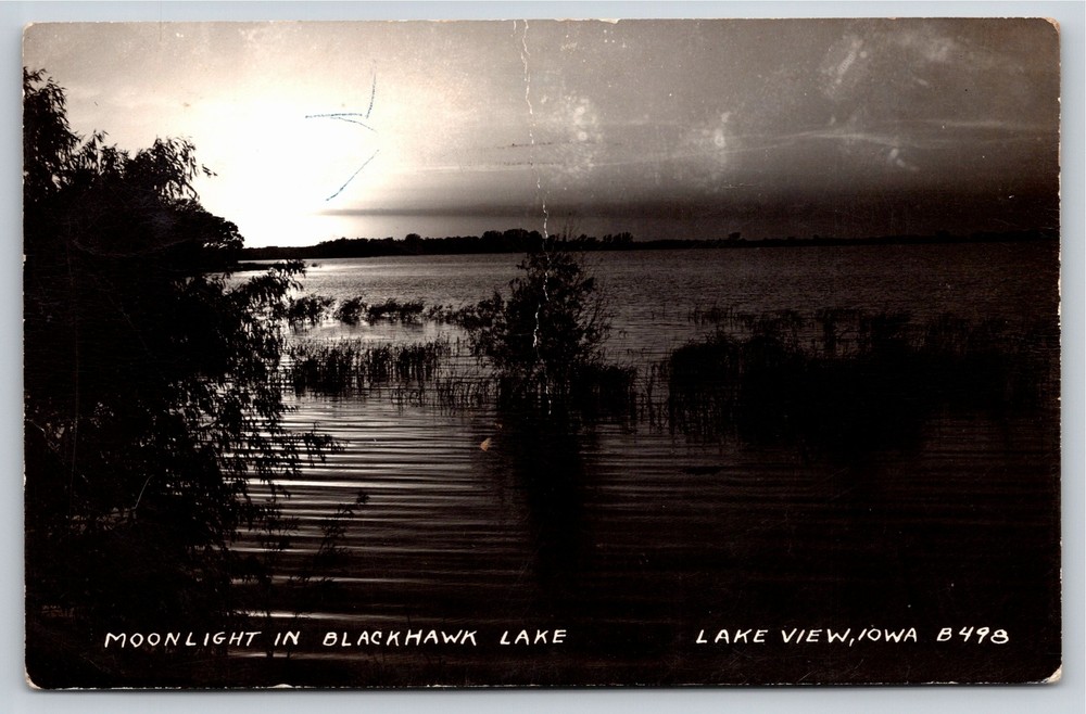 RPPC~Lake View Iowa~Moonlight In Blackhawk Lake~Real Photo Postcard
