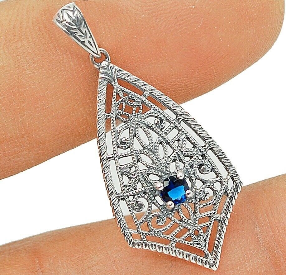Treated Blue Sapphire 925 Sterling Silver Victorian Style Pendant AB102