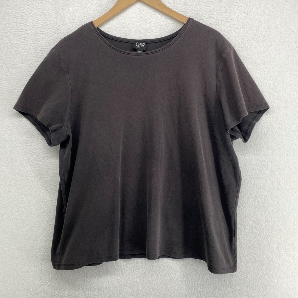 EILEEN FISHER Top 2X Cotton Interlock Jersey Crew Neck Short Sleeve Washed Black