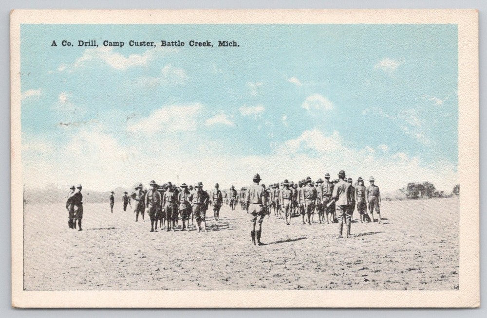 Vintage Postcard Camp Custer Battle Creek MI A Co. Drill Soldiers 1957 Postmark