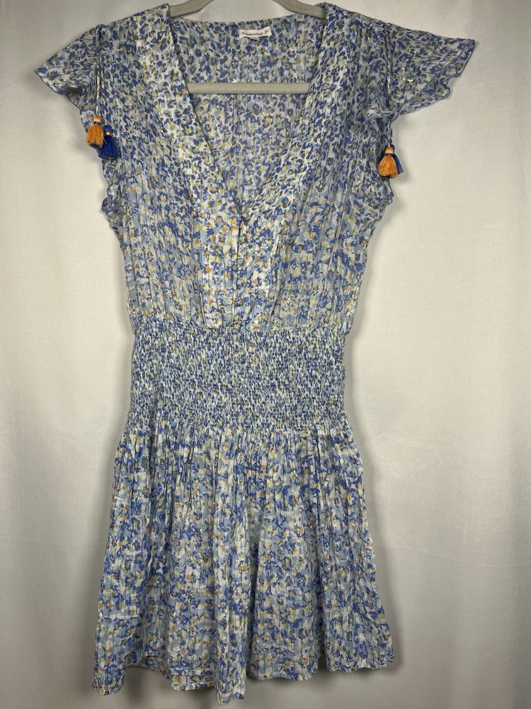 Poupette St Barth Rachel Blue Gold Lurex Floral Cotton Boho Mini Dress Sz Xs