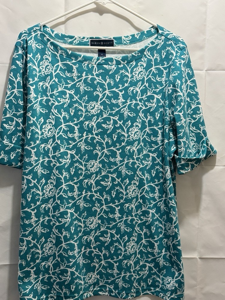Karen Scott Turquoise Floral XL Top Cuffed Sleeves