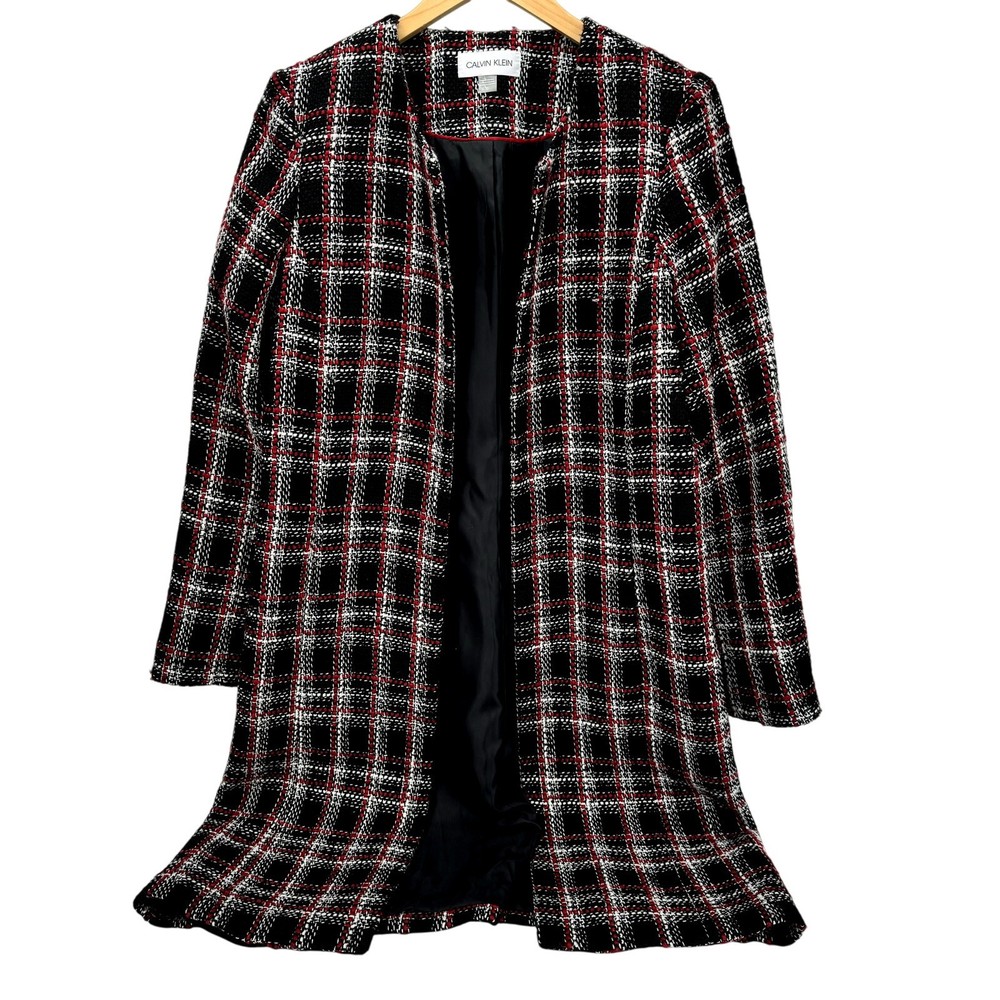 Calvin Klein Jacket Womens 10 Open Tweed Long Duster Black Red Plaid + Pockets