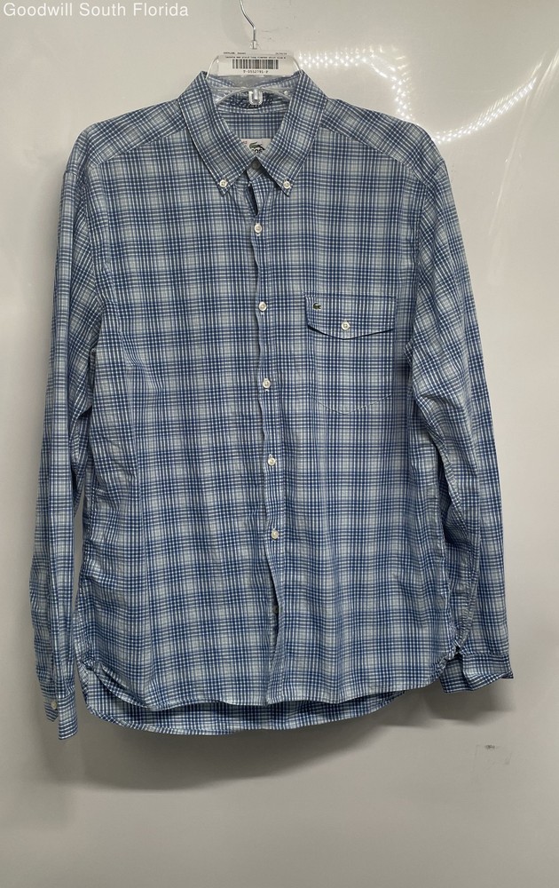 Lacoste Mens Blue Plaid Long Sleeve Collared Slim Fit Button-Up Shirt Size M