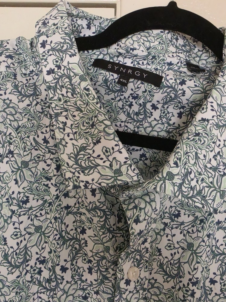Synergy Men's Button Up Shirt, Black, Size 4XL Green/Blue Floral pattern