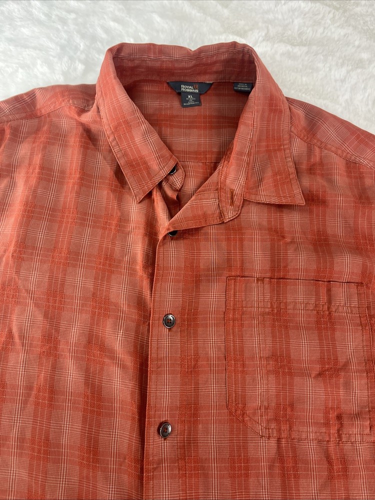 Royal Robbins Desert Pucker Shirt Mens XL Orange Check Short Sleeve Relaxed Fit