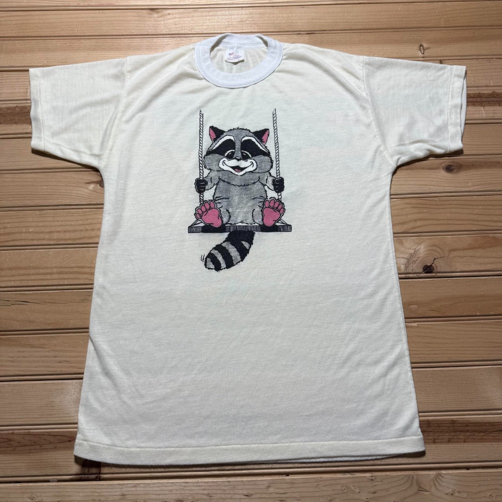 Vintage 80s Raccoon on Swing Single Stitch Graphic T-Shirt Men's - Size Large