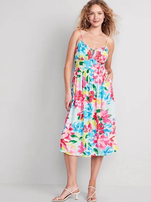 Old Navy Fit & Flare Floral Smocked MIDI Cami Dress Blue Watercolor Women Small