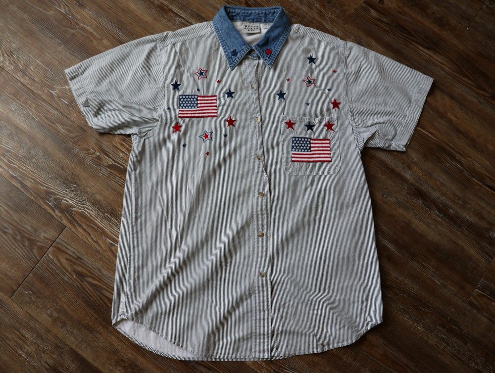 Vintage Quizz Again & Co Americana Novelty USA Flag Shirt Denim Collar Womens S